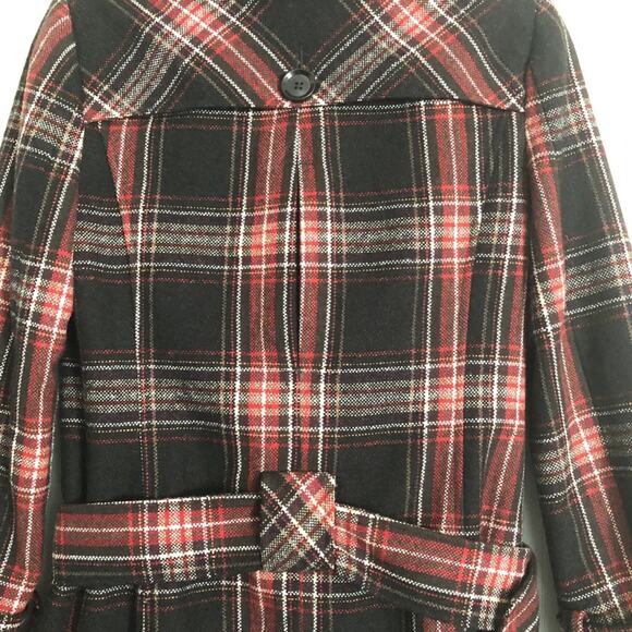 Moda brown red wool plaid preppy academia 70s 60s retro belted peacoat XS - Picture 5 of 7